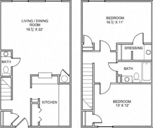 Floor plan for 2 beds, 1.5 baths, 1225 sqft